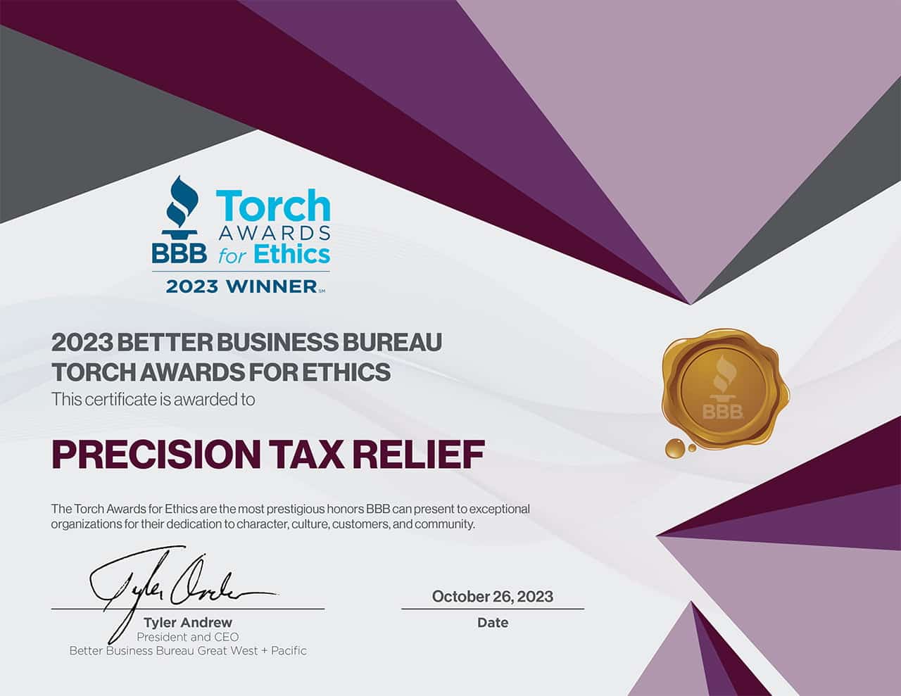 Precision Tax Honored With Prestigious BBB Torch Award For Ethics 